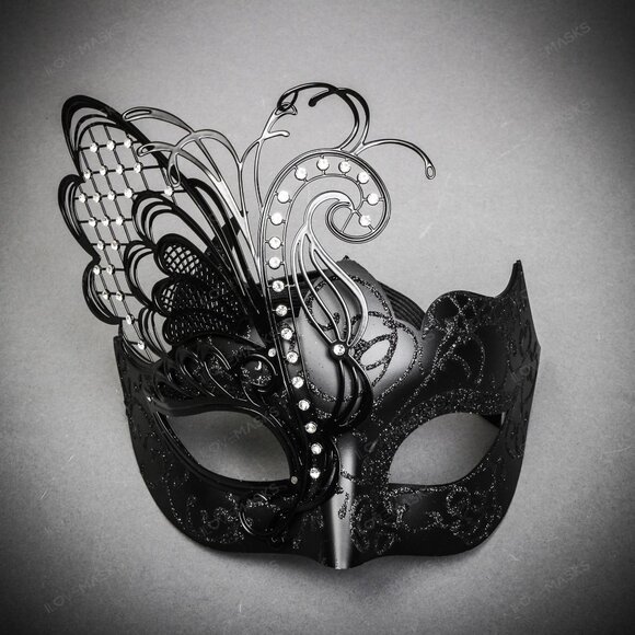 Black Elegant Butterfly Laser-Cut Metal Glitter Masquerade Party Women Face Mask - Picture 1 of 4